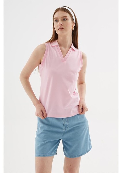 Polo V Yaka Kolsuz Esnek Pamuklutişört Pembe fırsatları