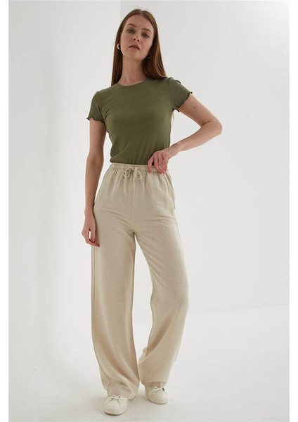 Lastikli Geniş Paça Keten Pantolon Ekru fiyatları