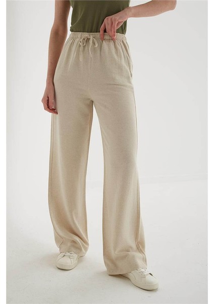 Lastikli Geniş Paça Keten Pantolon Ekru modelleri