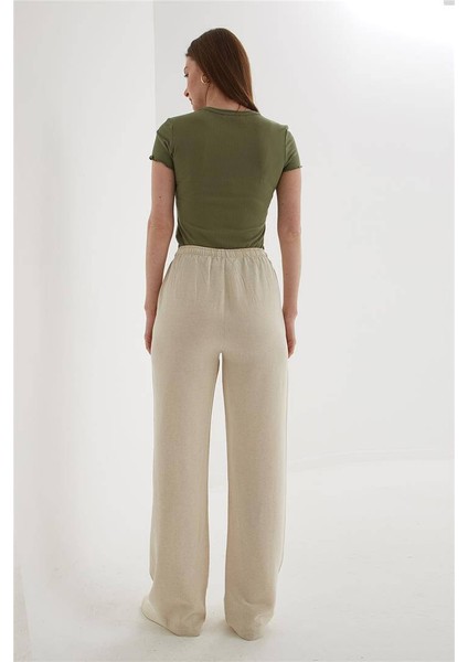 Lastikli Geniş Paça Keten Pantolon Ekru fırsatları