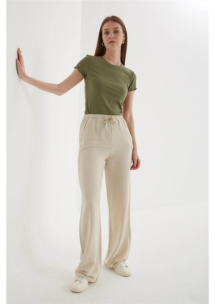 Lastikli Geniş Paça Keten Pantolon Ekru indirimleri