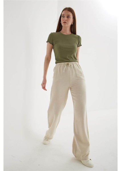 Lastikli Geniş Paça Keten Pantolon Ekru