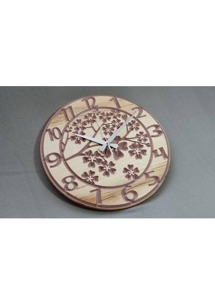 El Yapımı Ahşap Duvar Saati – Çiçek Desenli | 36 cm | Sessiz Mekanizma