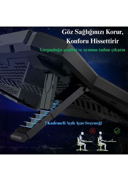 17" E Kadar Uyumlu Notebook Soğutucu 7 Açılı Rgb LED Stand 6 Fanlı USB Girişli