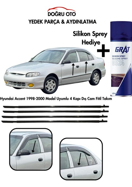 Hyundai Accent 4 Kapı Için Dış Cam Sıyırıcı Fitil Takımı 1998-2000 Model Uyumlu