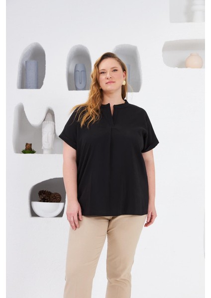 Hakim Yaka Büyük Beden Bluz Siyah
