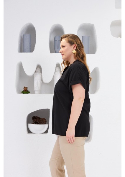 Hakim Yaka Büyük Beden Bluz Siyah fiyatları