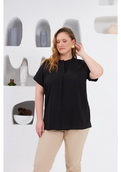 Hakim Yaka Büyük Beden Bluz Siyah fırsatları