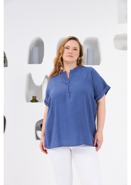 Hakim Yaka Büyük Beden Bluz Indigo
