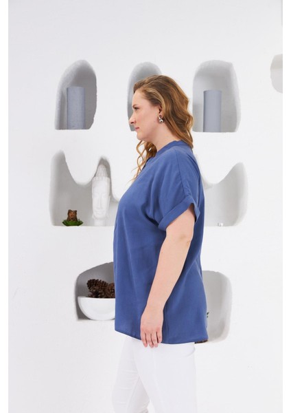 Hakim Yaka Büyük Beden Bluz Indigo fiyatları