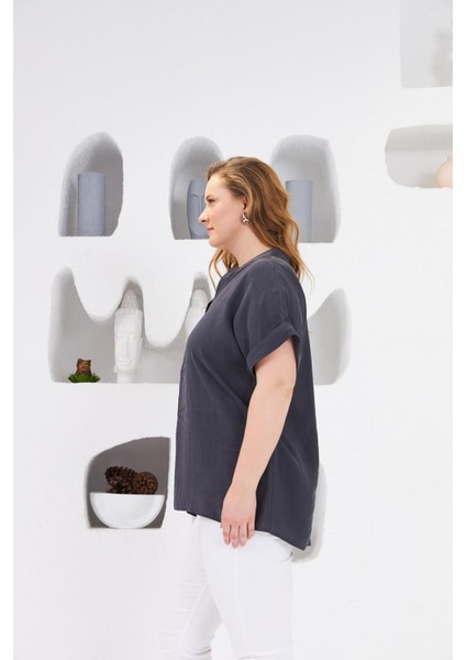 Hakim Yaka Büyük Beden Bluz Füme fiyatları