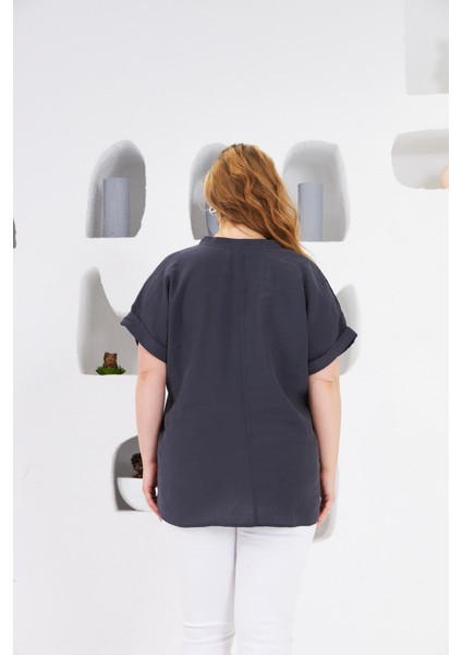 Hakim Yaka Büyük Beden Bluz Füme fırsatları