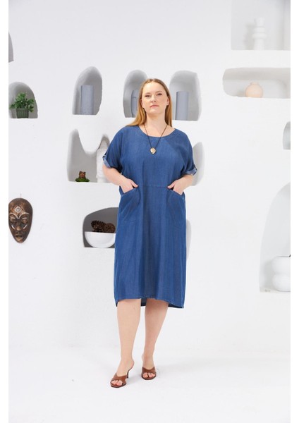 Cepli Büyük Beden Tnsel Günlük Elbise Mavi