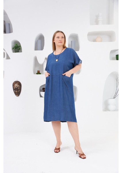 Cepli Büyük Beden Tnsel Günlük Elbise Mavi fiyatları