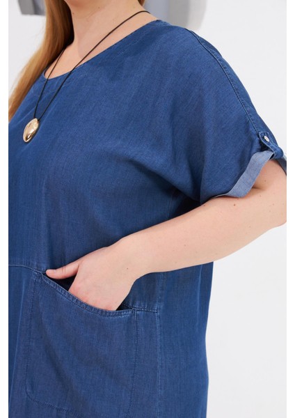 Cepli Büyük Beden Tnsel Günlük Elbise Mavi modelleri