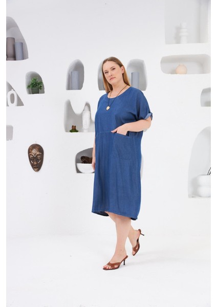 Cepli Büyük Beden Tnsel Günlük Elbise Mavi fırsatları