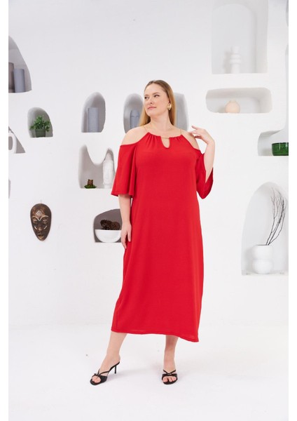 Yaka Zincirli Büyük Beden Günlük Elbise Kırmızı