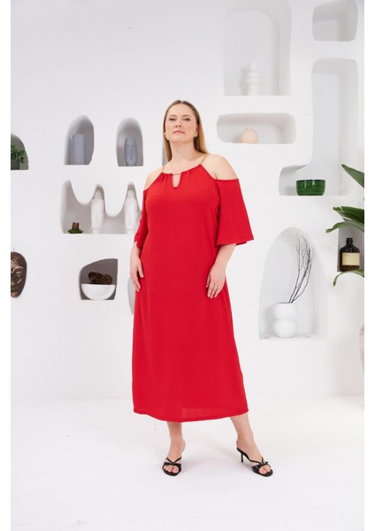 Yaka Zincirli Büyük Beden Günlük Elbise Kırmızı fiyatları