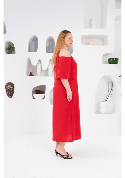 Yaka Zincirli Büyük Beden Günlük Elbise Kırmızı modelleri