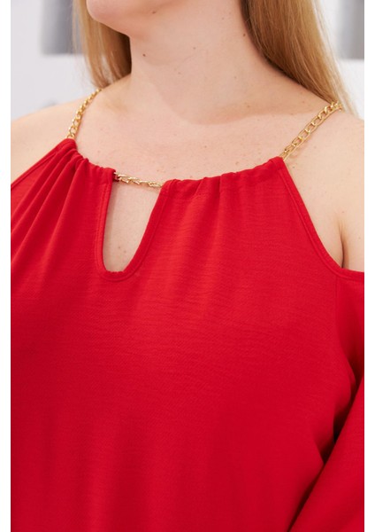 Yaka Zincirli Büyük Beden Günlük Elbise Kırmızı fırsatları