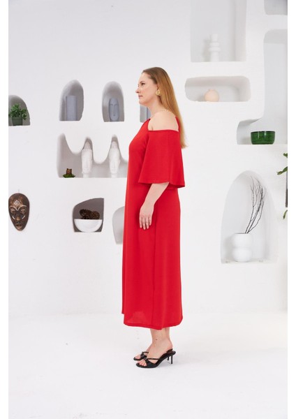 Yaka Zincirli Büyük Beden Günlük Elbise Kırmızı indirimleri