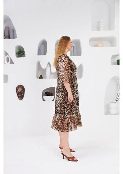 Leopar Desenli Büyük Beden Astarlı Günlük Elbise Vizon fiyatları