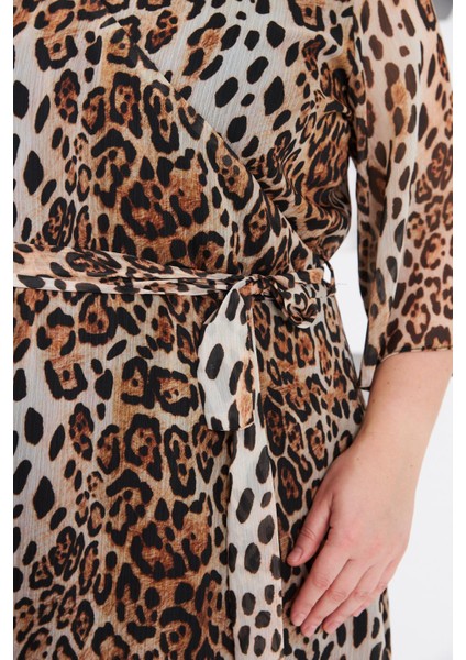 Leopar Desenli Büyük Beden Astarlı Günlük Elbise Vizon modelleri