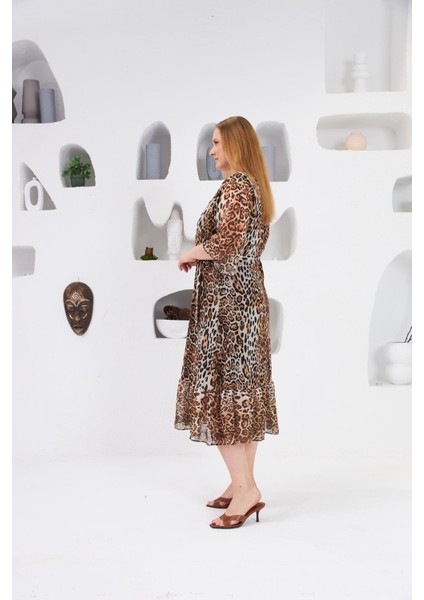 Leopar Desenli Büyük Beden Astarlı Günlük Elbise Vizon fırsatları