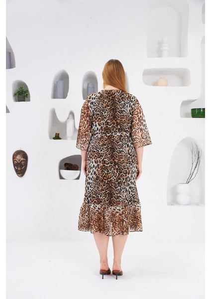 Leopar Desenli Büyük Beden Astarlı Günlük Elbise Vizon indirimleri