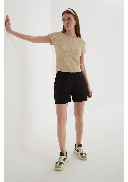 Yüksek Bel Rahat Pileli Keten Şort Siyah
