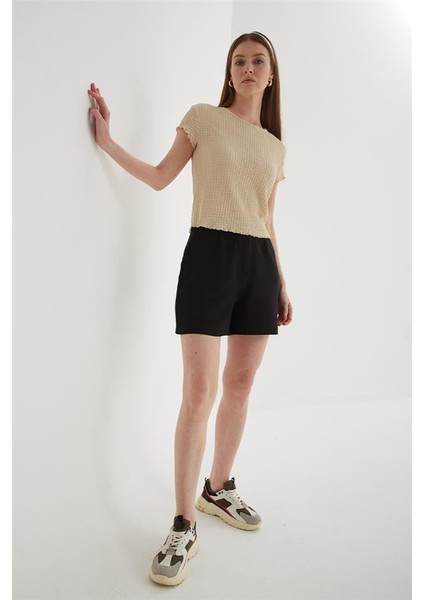 Yüksek Bel Rahat Pileli Keten Şort Siyah modelleri