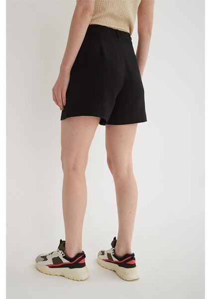 Yüksek Bel Rahat Pileli Keten Şort Siyah fırsatları