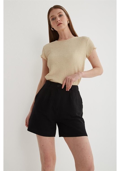 Yüksek Bel Rahat Pileli Keten Şort Siyah indirimleri