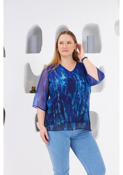 Astarlı Büyük Beden Şifon Bluz Lacivert