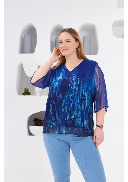 Astarlı Büyük Beden Şifon Bluz Lacivert fiyatları