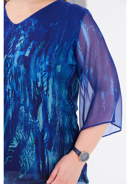 Astarlı Büyük Beden Şifon Bluz Lacivert modelleri