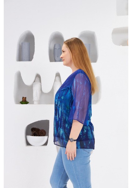 Astarlı Büyük Beden Şifon Bluz Lacivert fırsatları