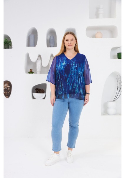 Astarlı Büyük Beden Şifon Bluz Lacivert indirimleri