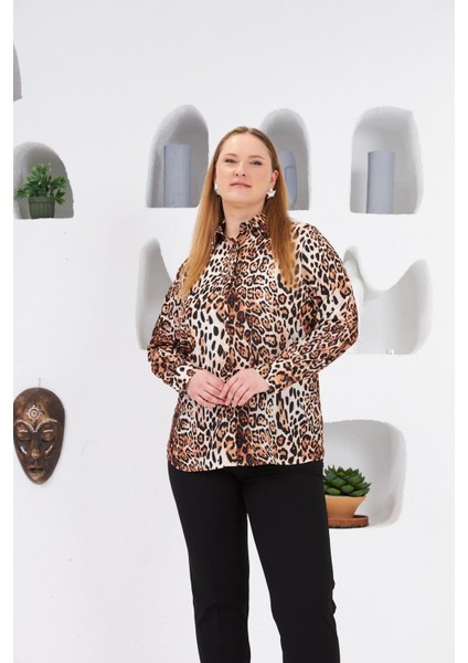 Leopar Desenli Uzun Kol Büyük Beden Gömlek