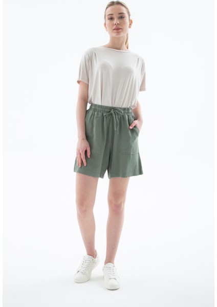 Lastikli Keten Şort Haki