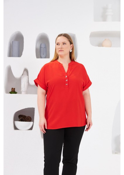 Fiyonk Düğme Detaylı Büyük Beden Bluz Mercan