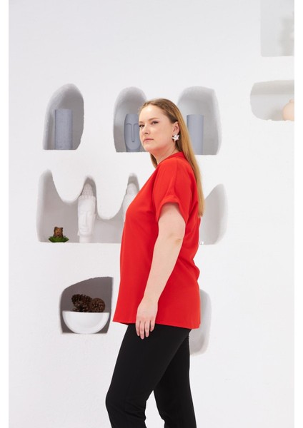 Fiyonk Düğme Detaylı Büyük Beden Bluz Mercan fiyatları