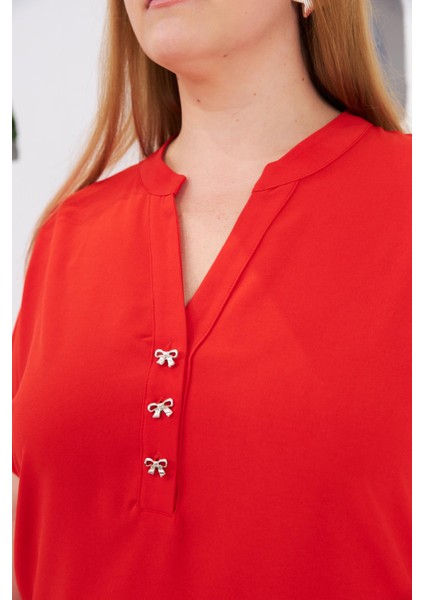 Fiyonk Düğme Detaylı Büyük Beden Bluz Mercan modelleri