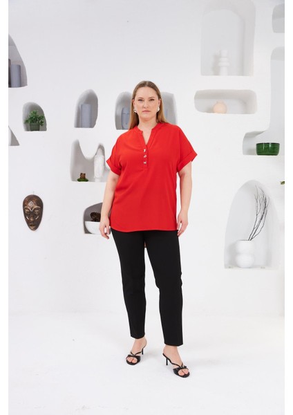 Fiyonk Düğme Detaylı Büyük Beden Bluz Mercan indirimleri