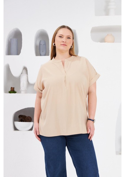 Hakim Yaka Büyük Beden Bluz Krem