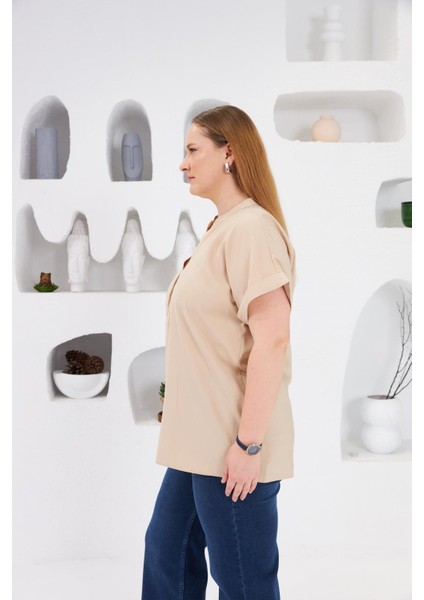 Hakim Yaka Büyük Beden Bluz Krem fırsatları