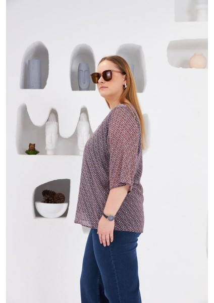 Desenli V Yaka Büyük Beden Şifon Bluz Lacivert modelleri