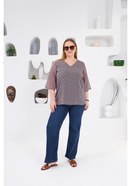 Desenli V Yaka Büyük Beden Şifon Bluz Lacivert indirimleri