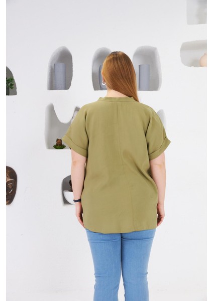 Hakim Yaka Büyük Beden Bluz Oliv fırsatları