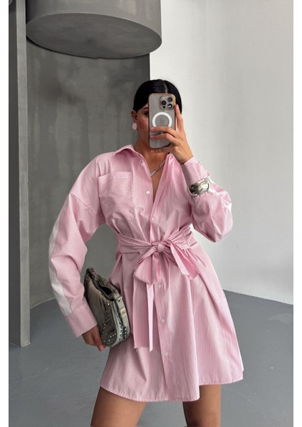 Pembe Çizgili Poplin Gömlek Elbise fırsatları